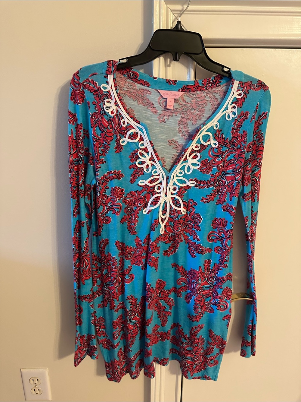 Lilly Pulitzer Teal Top with Pink Floral Print and White Trim